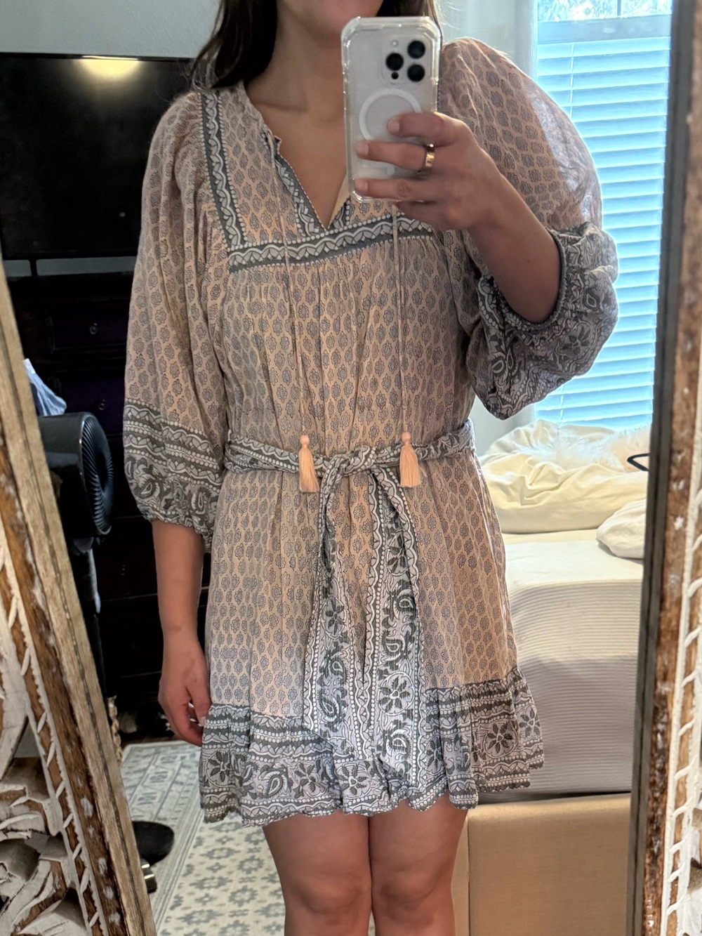 Cleobella Light Beige Patterned Boho Mini Dress with Tassel Tie